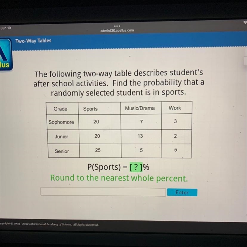 The following two-way table describes student's after school activities. Find the-example-1