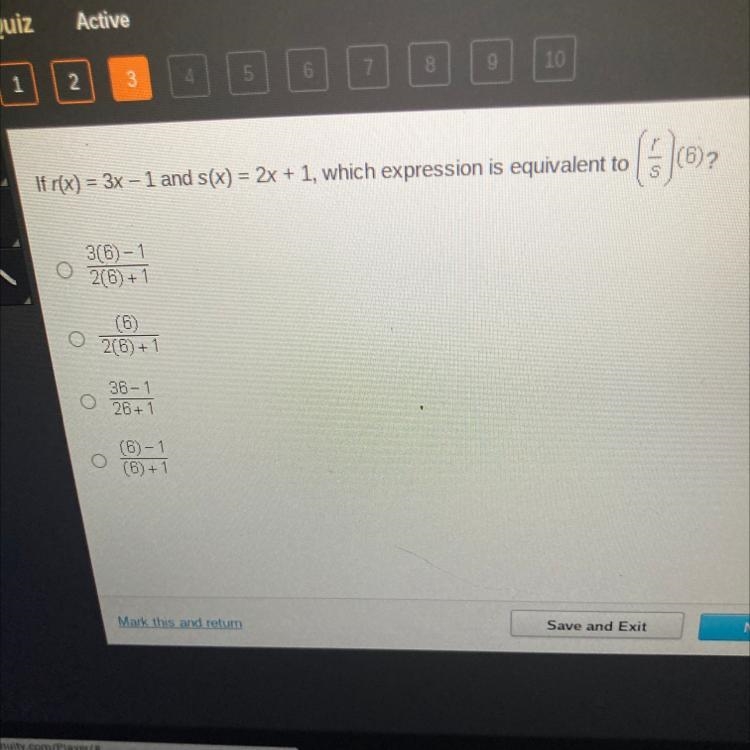 If r(x) = 3x - 1 and s(x) = 2x + 1, which expression is equivalent to 402 - 3(6)-1 2(6)+1 (6) 2(6) + 36-1 26+1 (6)-1 (6) +1-example-1