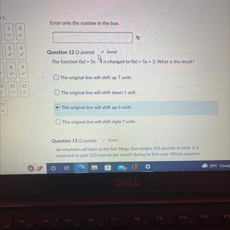 The function f(x) = 5x - 4 is changed to f(x) = 5x + 3. What is the result?-example-1