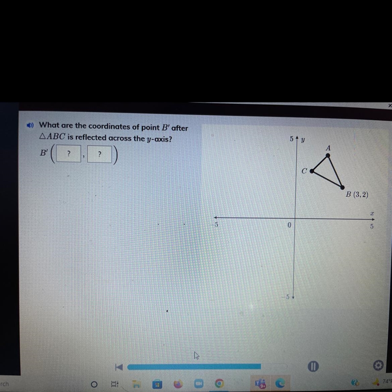 What are the coordinates of point B' after AABC is reflected across the y-axis? 5 y-example-1