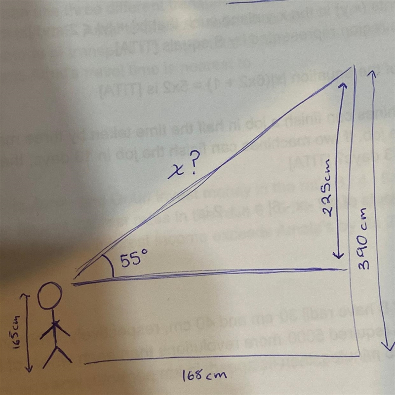 Can someone pleaseeee helpppp me find the hypotenuse of x? 225 cm 55° 390cm 165cm-example-1