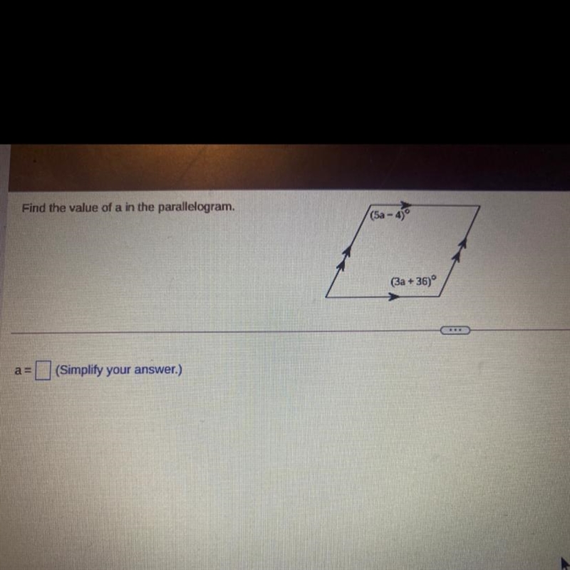 Find the value of a in the parallelogram.-example-1