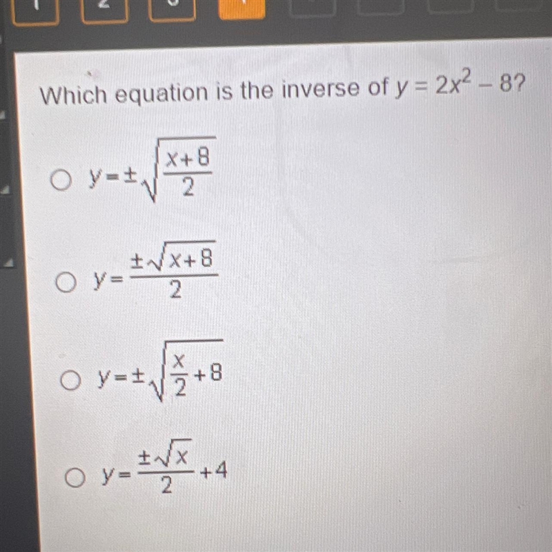 Which equation is the inverse of y=2x²-8?-example-1