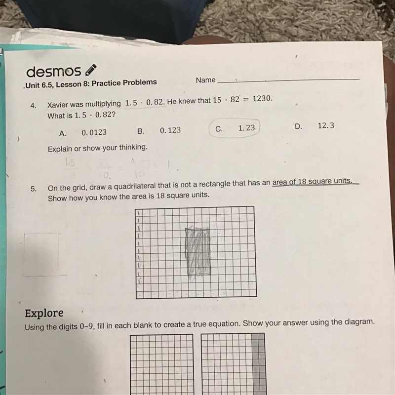 4.Xavier was multiplying 1.5 0.82. He knew that 15 · 82 = 1230.What is 1.5 0.82?0.0123B-example-1