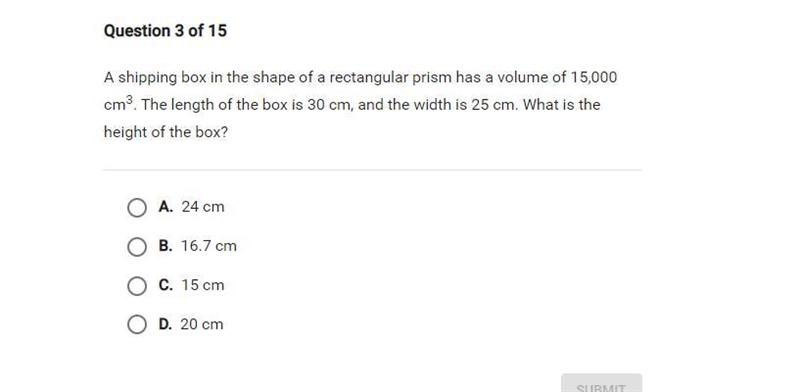 A shipping box in the shape of a rectangular prism has the volume 15,000 cm3. The-example-1