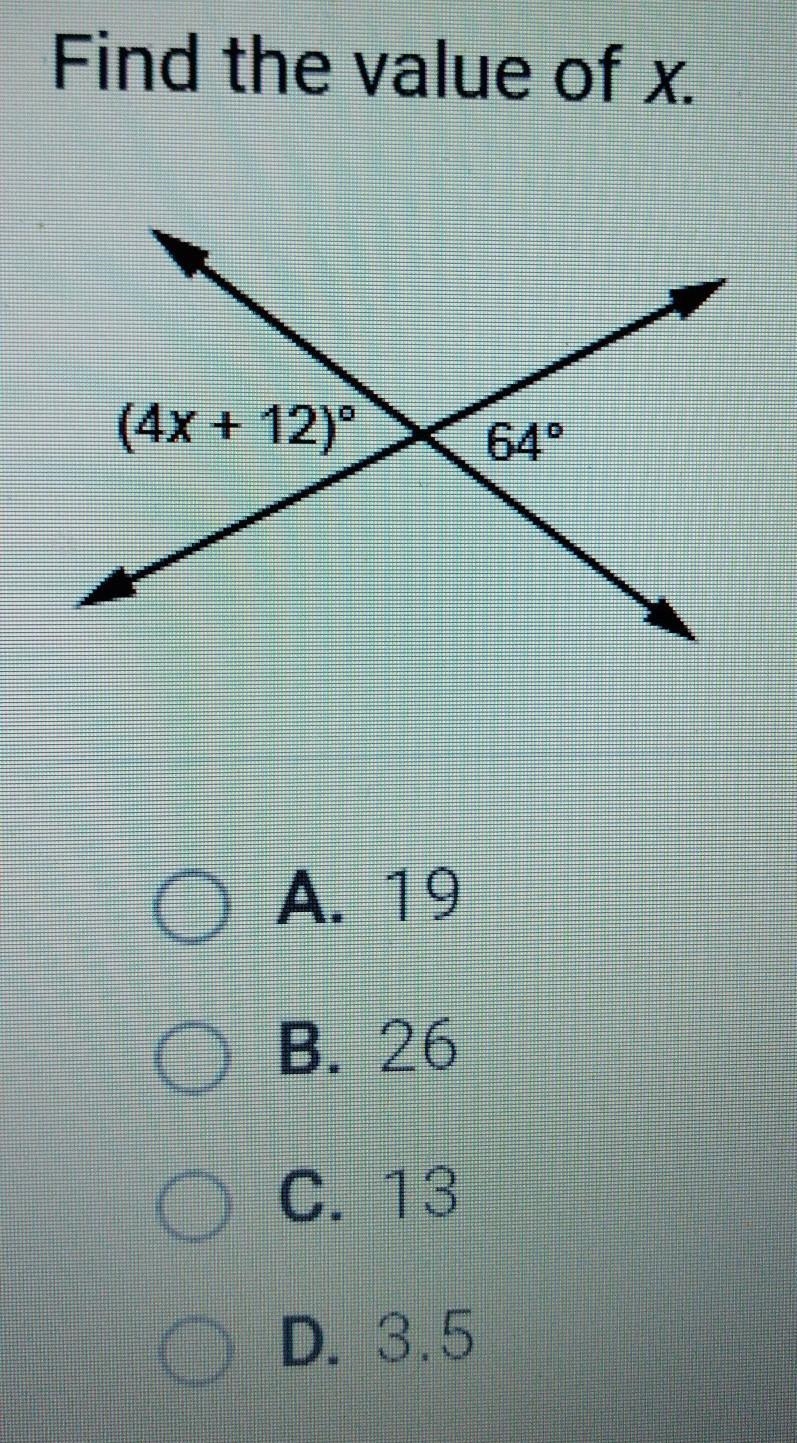 Find the value of x. (4x + 12)° 64°​-example-1