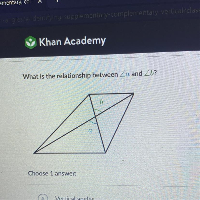 HELPPPPP!!!!!!!!!!!!! What is the relationship between A and B? A - vertical angles-example-1