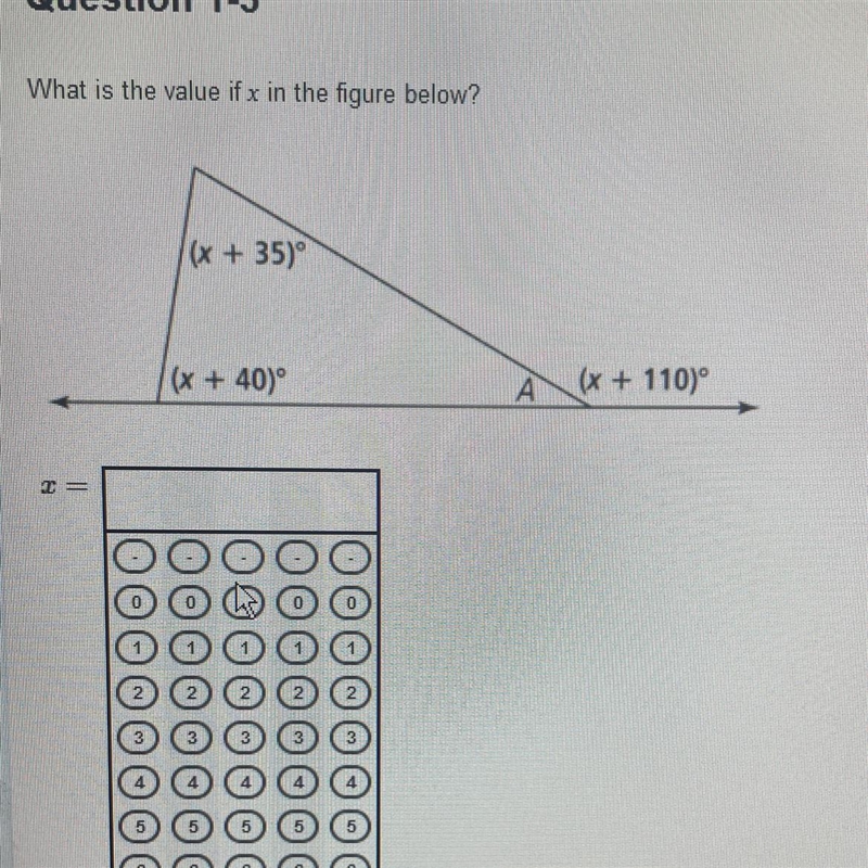 Question 1-3 What is the value if x in the figure below? = (x + 35)° (x +40)° (x + 110)°-example-1