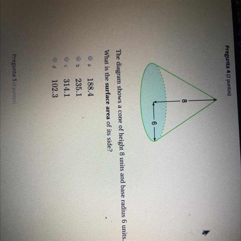 HELP HEELP The diagram shows a cone of height 8 units and base radius 6 units. What-example-1