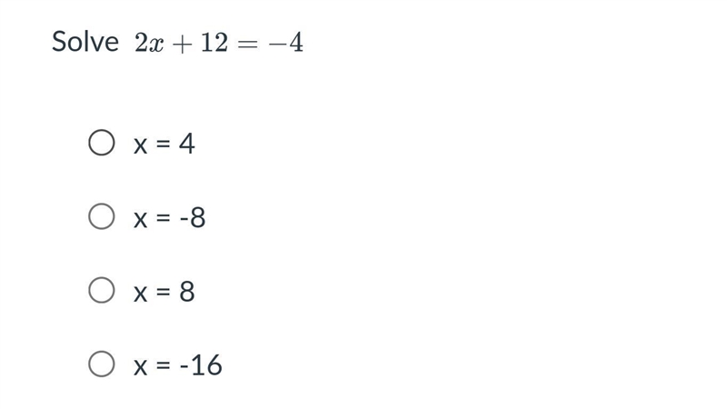 Solve 2x + 12 = -4. show wrk-example-1