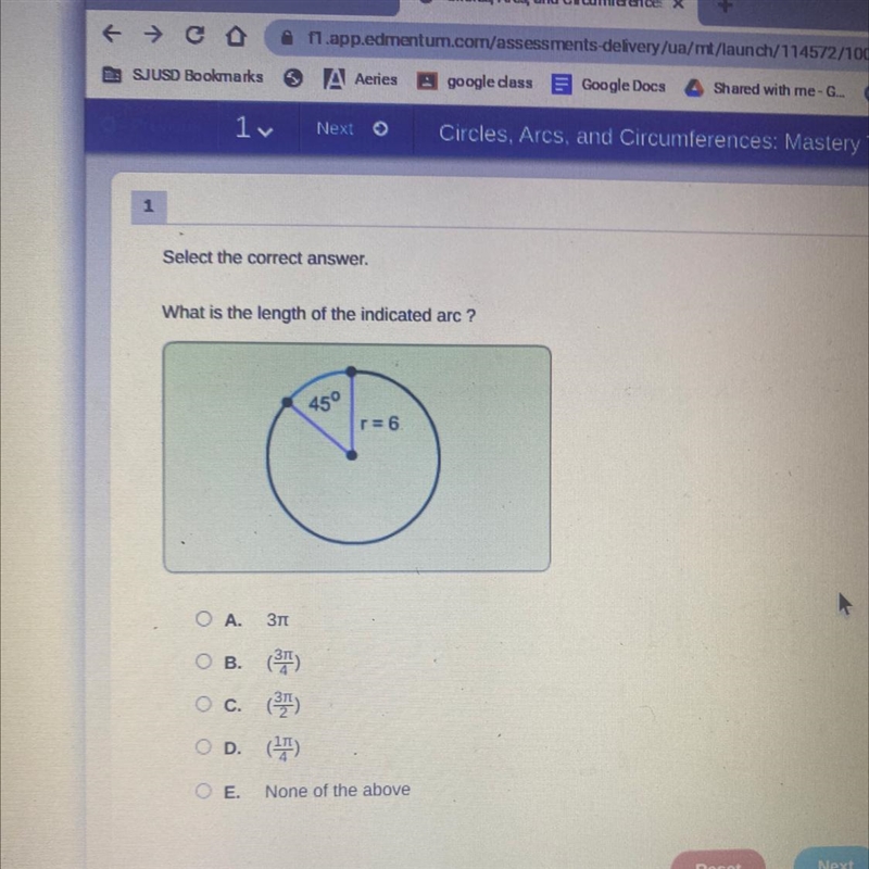 Please help Select the correct answer. What is the length of the indicated arc ? 45° r-example-1