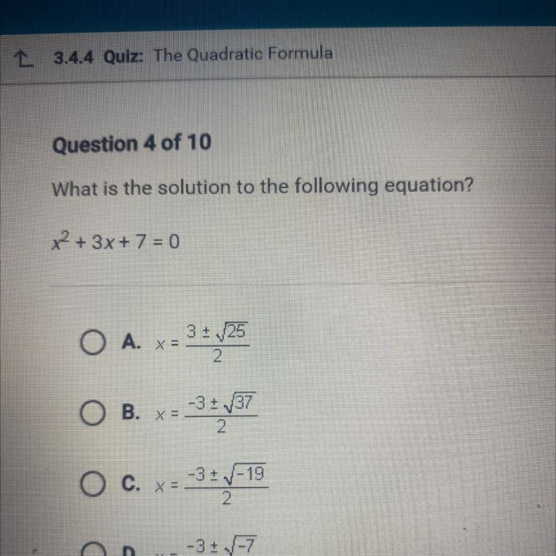 What is the solution to the following equation x2 + 3x + 7 = 0-example-1