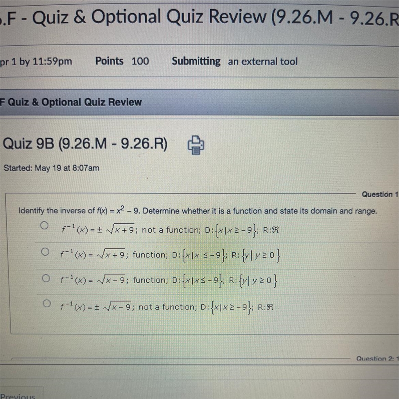 Identify the inverse of f(x)=x^2-9-example-1