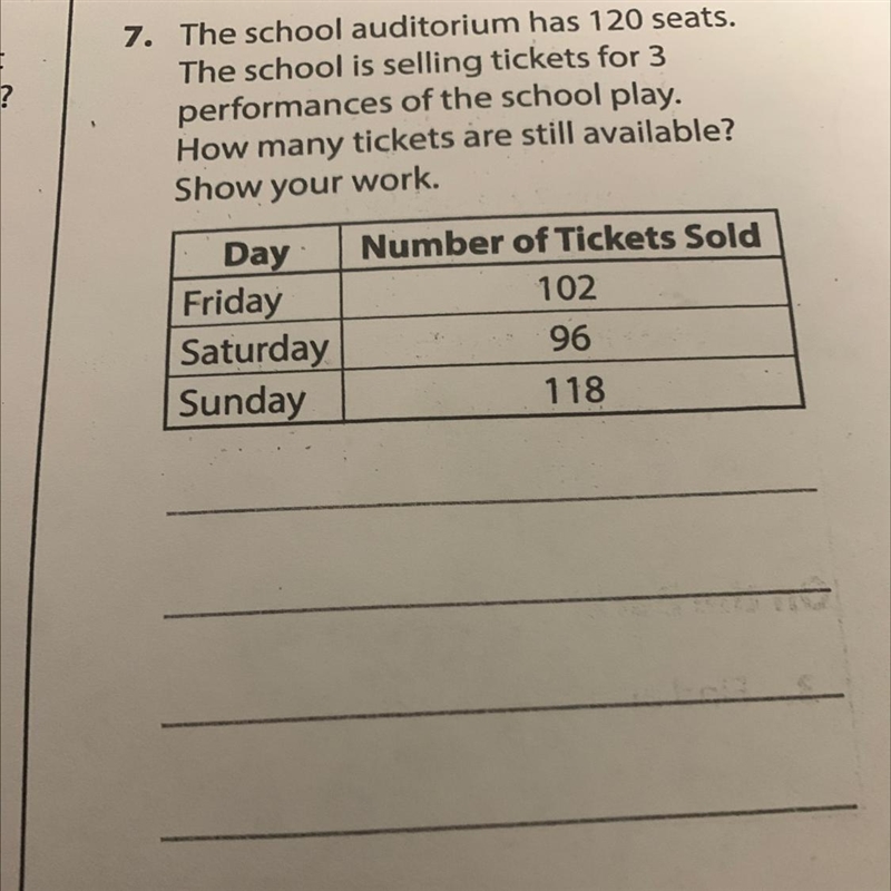 The school auditorium has 120 seats. The school is selling tickets for 3 performances-example-1