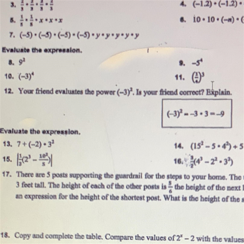 12. Your friend evaluates the power (-3)^2Is your friend correct? Explain.-example-1