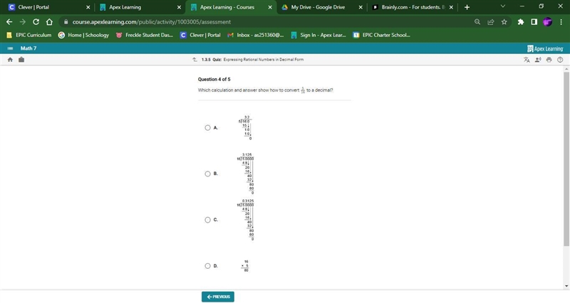 Which calculation and answer /shows how to convert 5/16 to a decimal-example-1