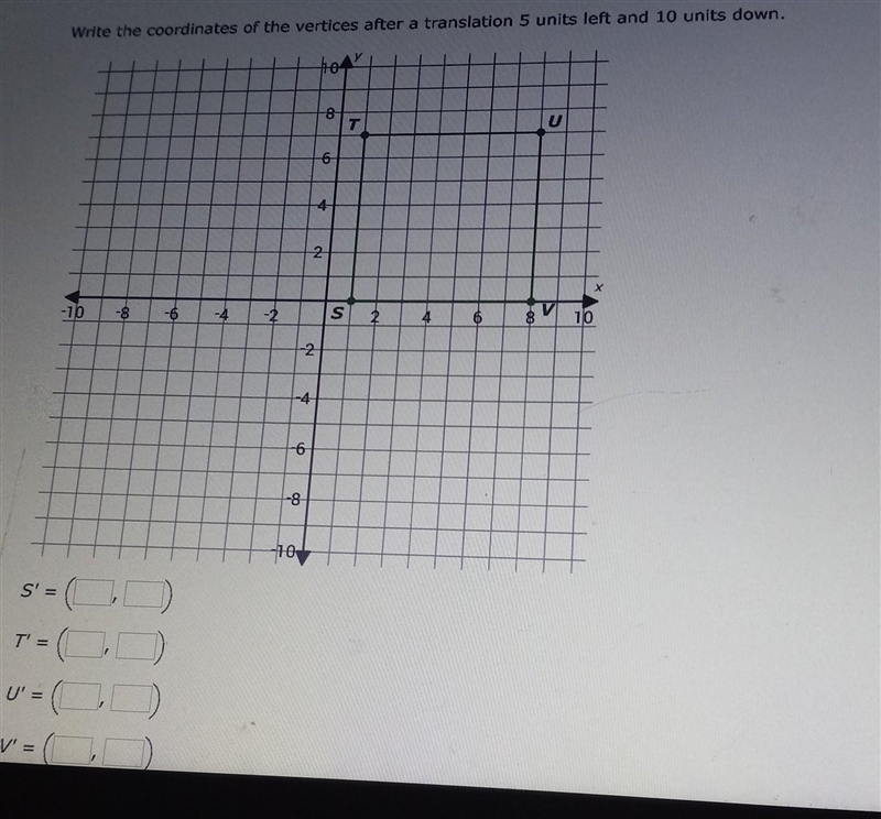 Write the coordinate of the vertices after a Translantion 5 units left and 10 units-example-1