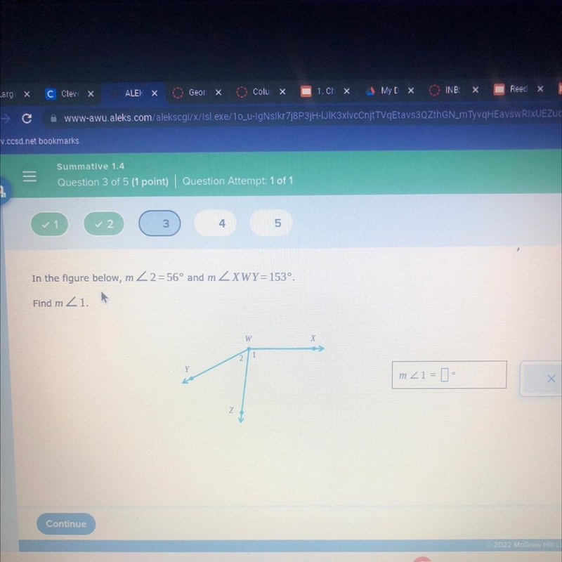 In the figure below, m2=56° and mZXWY=153º, Find m Z1.-example-1