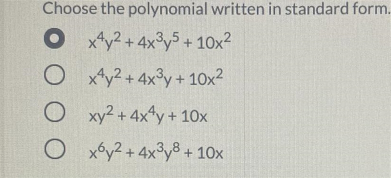 Choose the polynomial written in standard form. (Image)-example-1