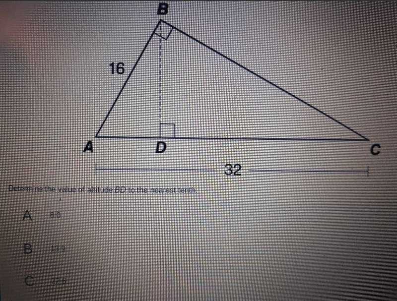 Determine the value of altitude BD to the nearest tenth.-example-1