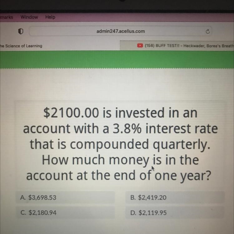 $2100.00 is invested in anaccount with a 3.8% interest ratethat is compounded quarterly-example-1