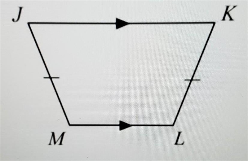 The figure below is an isosceles trapezoid. If m∠K=73, find the missing angle​-example-1