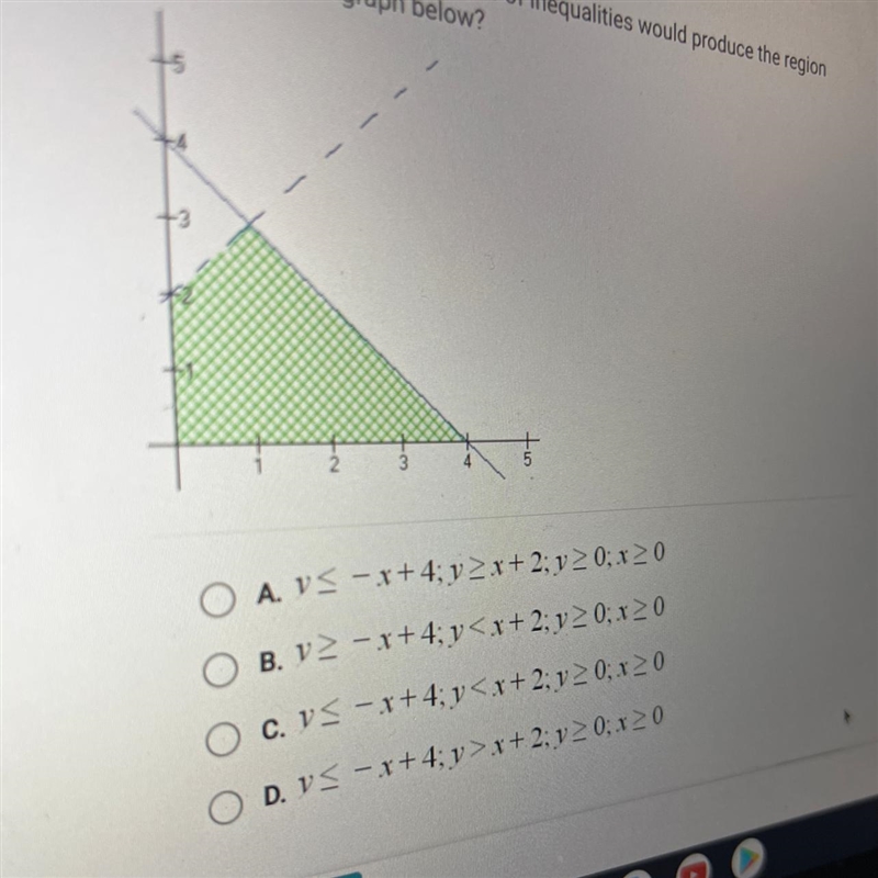 Pls help! Which of the following systems of inequalities would produce the region-example-1