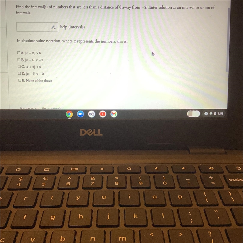 Find the interval(s) of numbers that are less than a distance of 6 away from -2. Enter-example-1