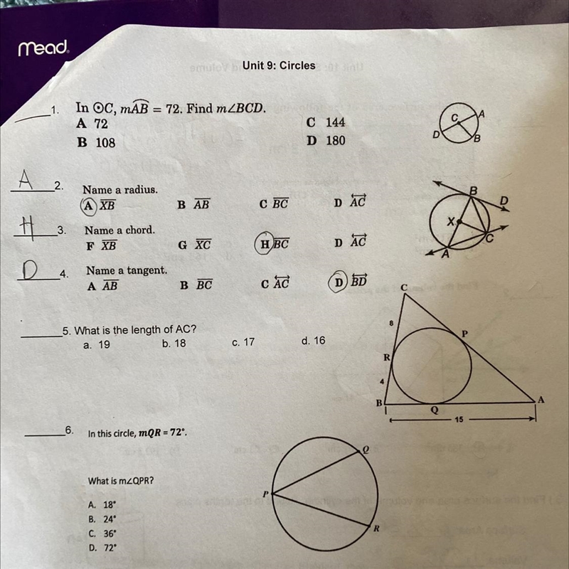 Question 1 In OC, mAB= 72. Find m/_BCD. A 72 B 108 C 144 D 180 and maybe 5 & 6 if-example-1