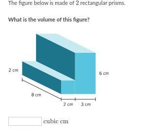 PLEASEE HELPPP!! The figure below is made of 2 rectangular prisms. What is the volume-example-1