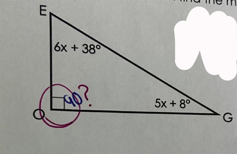 Solve for × and then find the missing angle in the triangle below. SHOW ALL WORK. Find-example-1