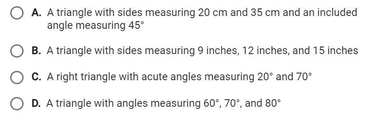 Which measurements could create more than one triangle?-example-1