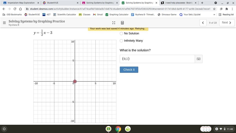 Solve the System by Graphing: y = -3/2x + 1 y = 1/2 x -3 How many solutions are there-example-1