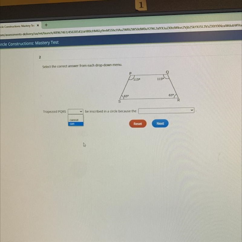 Trapezoid PQRS can/can’t be inscribed in a circle because the: 1. Opposite angles-example-1