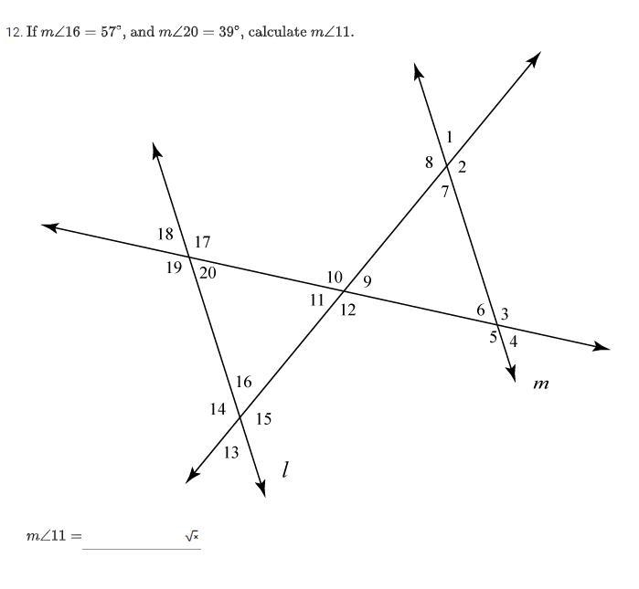 If m∠16=57°, and m∠20=39°, calculate m∠11-example-1