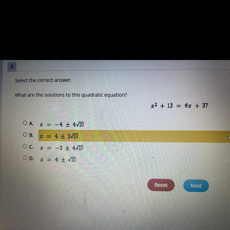 Select the correct answer. What are the solutions to this quadratic equation?-example-1