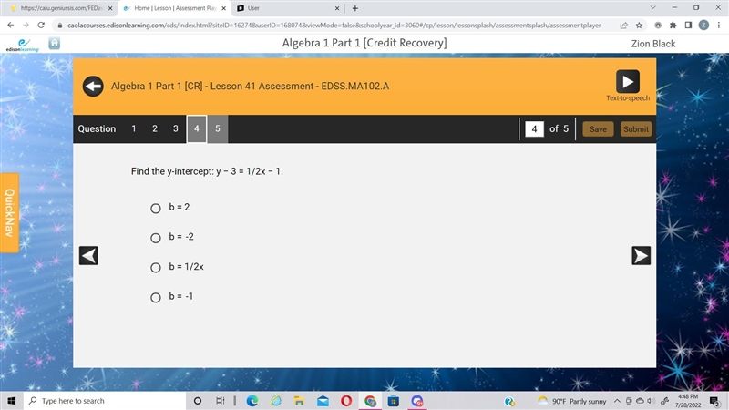 Find the y-intercept: y − 3 = 1/2x − 1-example-1