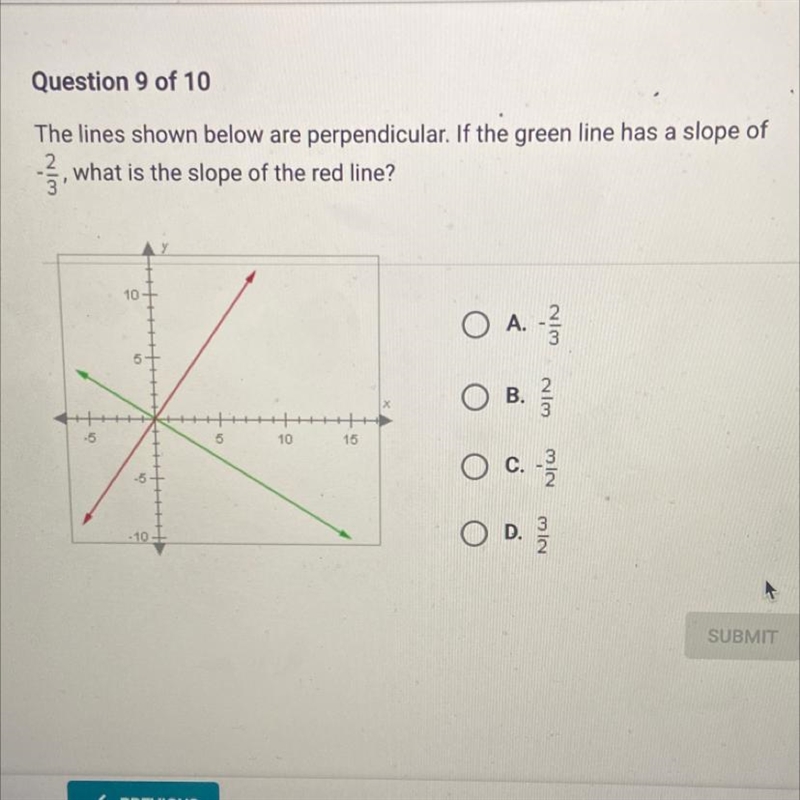 Question 9 OT 10 The lines shown below are perpendicular. If the green line has a-example-1