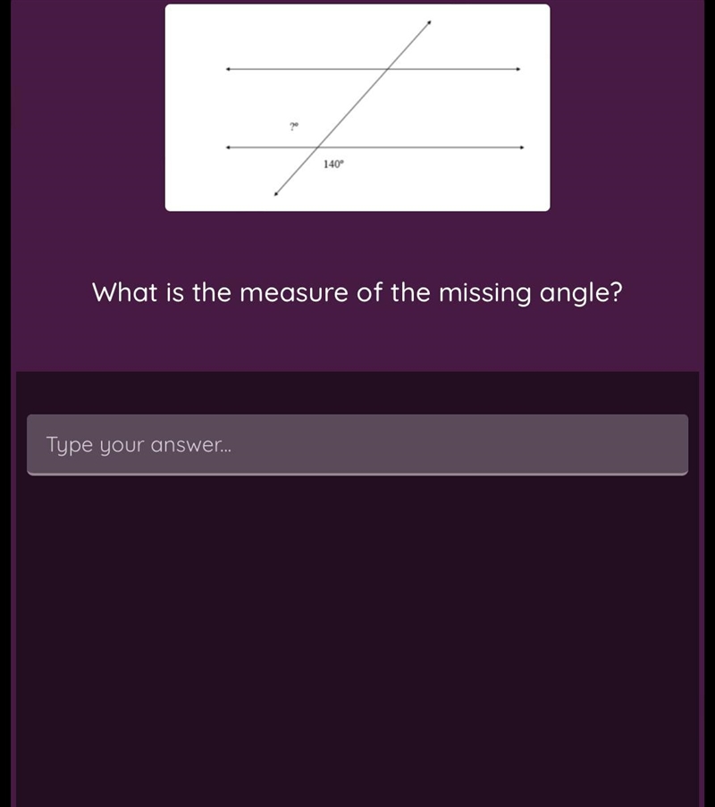 What is the measure of the missing angle?-example-1