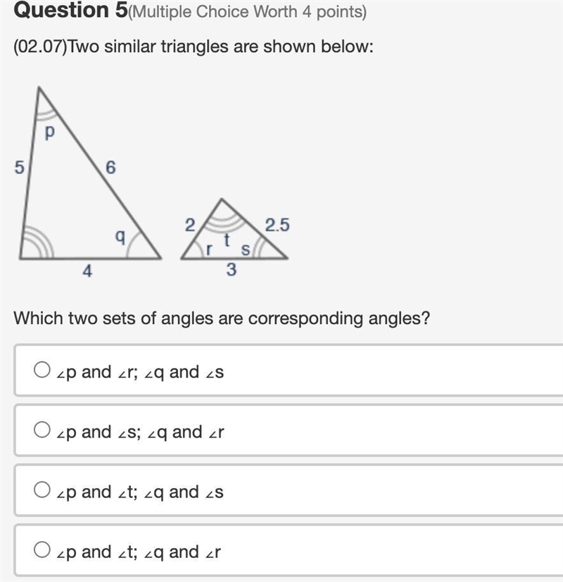 two similar triangles are shown below: which two sets of angels are corresponding-example-1