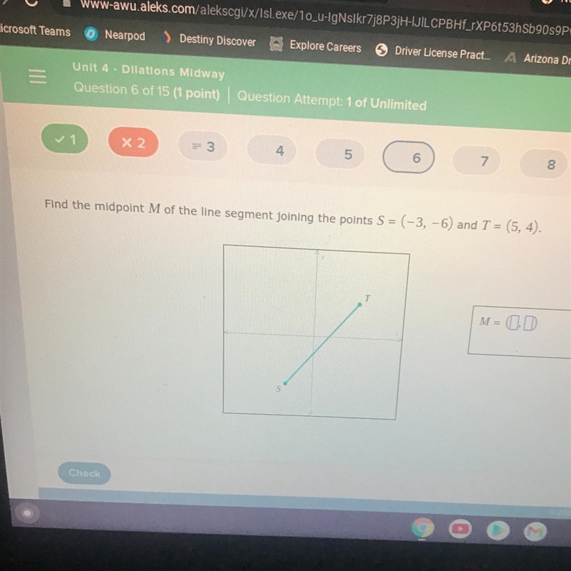 Find the midpoint M of the line segment joining the points S = (-3, -6) and T = (5, 4). M-example-1