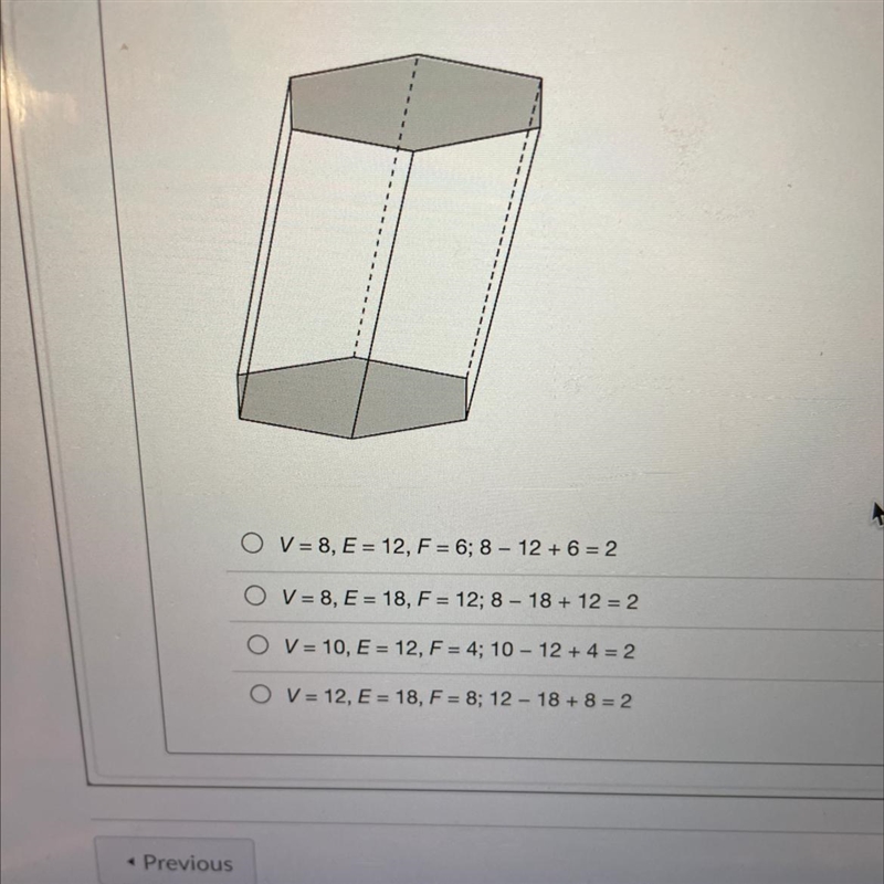 Identify the number of vertices, edges, and faces of the polyhedron. Use your results-example-1