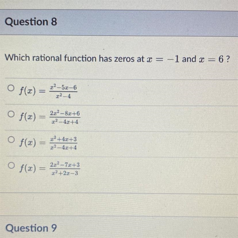 Help pls! Which rational function has zeros at x = -1 and x = 6 ?-example-1