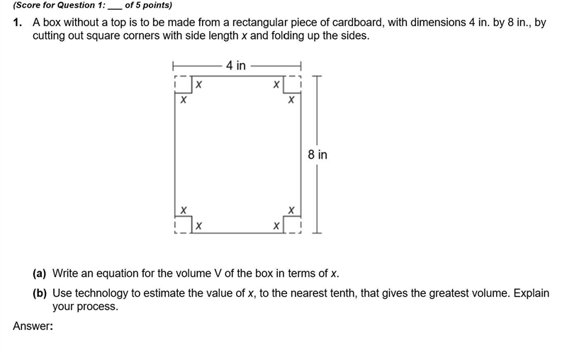 Please help (a) Write an equation for the volume V of the box in terms of x. (b) Use-example-1