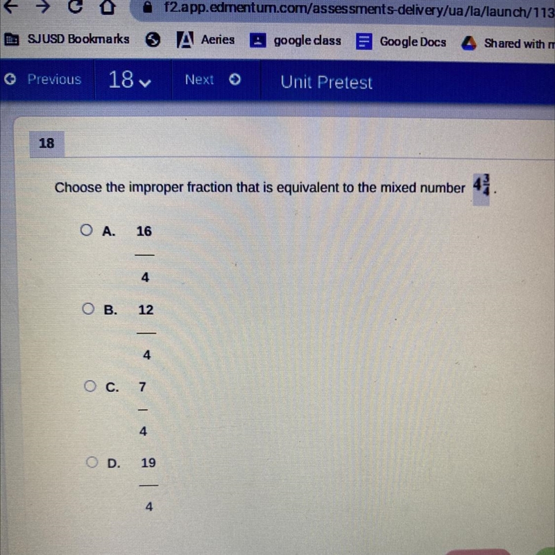 Choose the improper fraction that is equivalent to the￼￼ mixed numbers 4 3/4-example-1