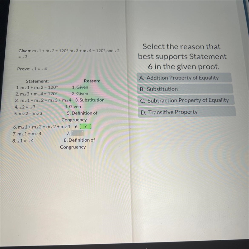 Select the reason that best supports statement 6 in the given proof-example-1