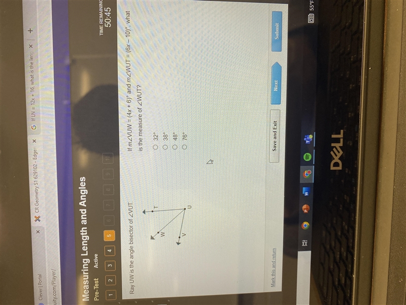 If mMVUW=(4x+6)° and mWUT=(6x+10)°, what is the measure of WUT-example-1