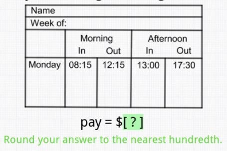 Calculate the pay for the following day of a weekly time card given a wage of $ 12/hour-example-1