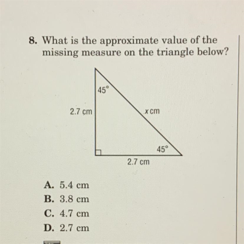 What is the approximate value of the missing measure on the triangle below?-example-1