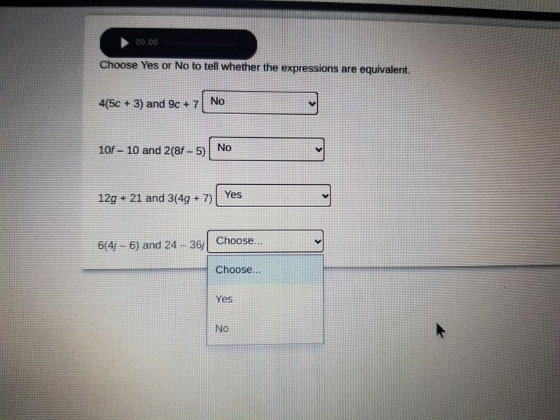 Choose Yes or No to tell whether the expressions are equivalent. 4(5c + 3) and 9c-example-1